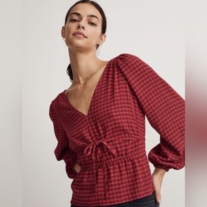 NEW Madewell Crinkled V-Neck Peplum Top in Plaid